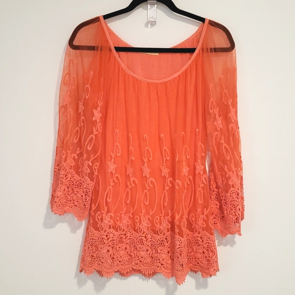 M & G Orange long sleeve lace crochet mesh overlay top tunic lacey  size s/m